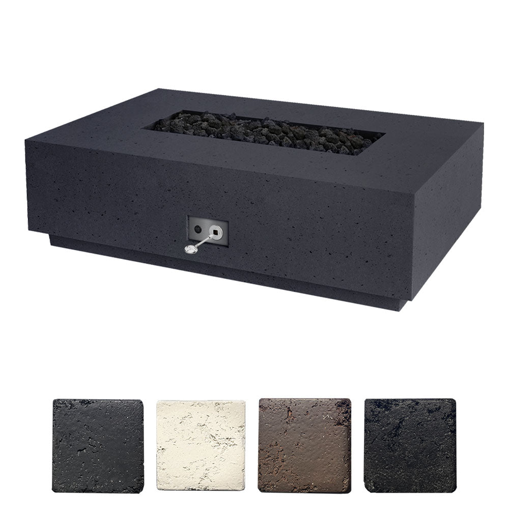 Gas fire table with rectangular open burner, dark textured stone finish and control panel.