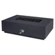 Gas fire table with open rectangular burner, dark textured stone finish and front control.