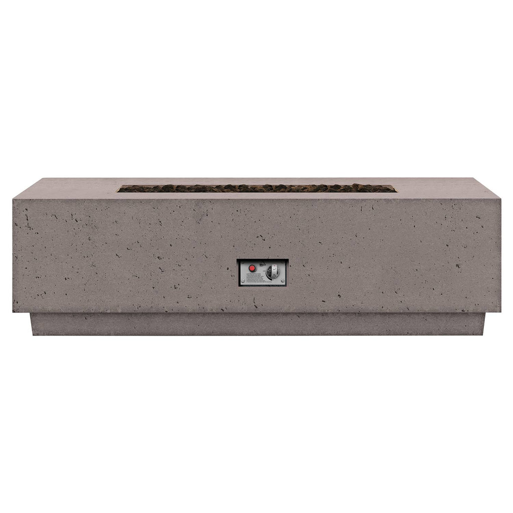 Gas fire table with control panel and burner opening, light gray front profile.