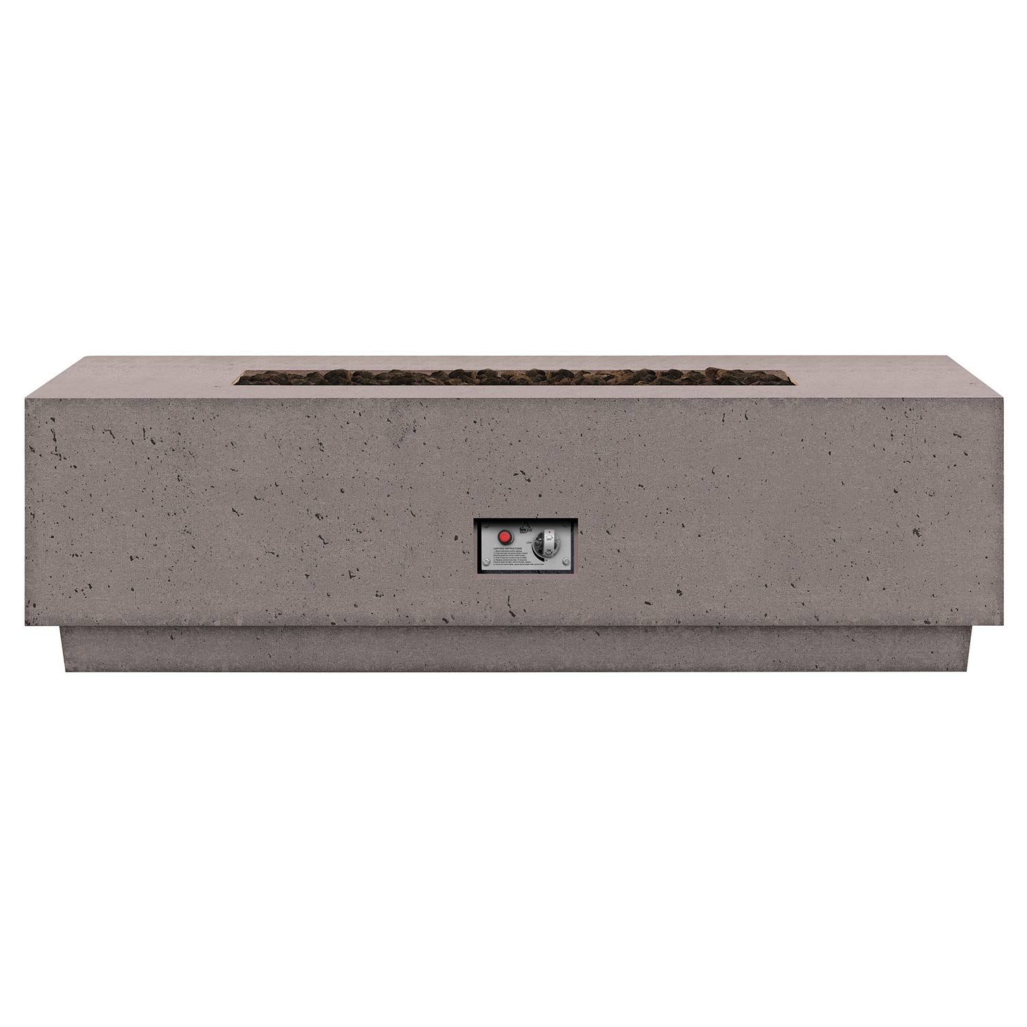 Gas fire table with control panel and burner opening, light gray front profile.