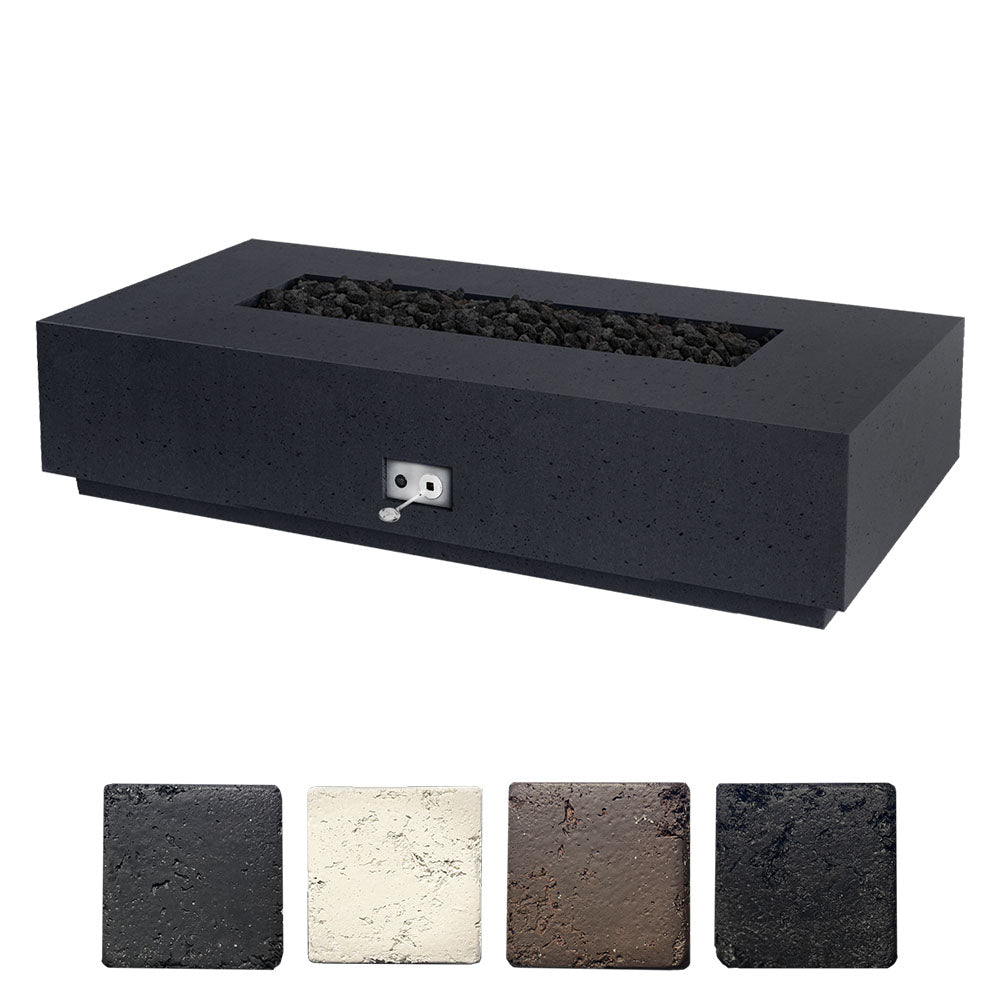 Dark gray gas fire table with rectangular burner pan, lava rocks, and control switch panel