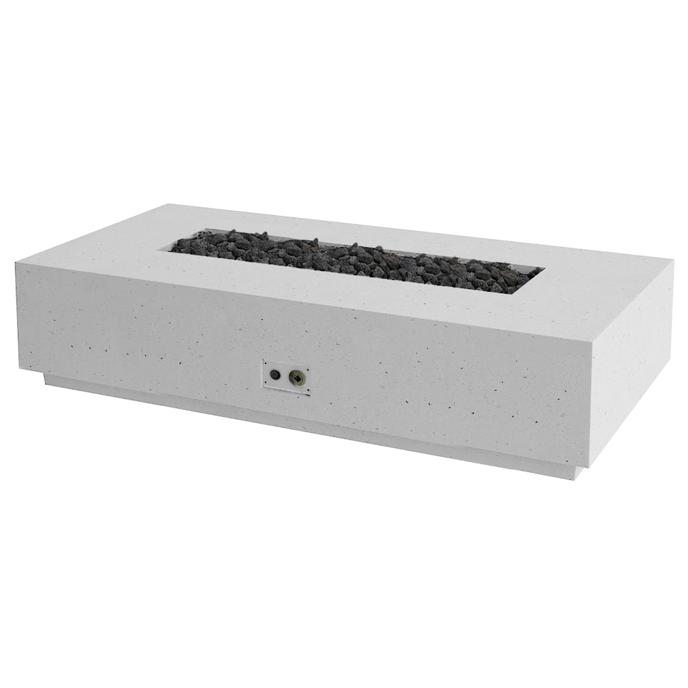 Sanctuary gas fire table in light gray with rectangular burner tray and front control panel