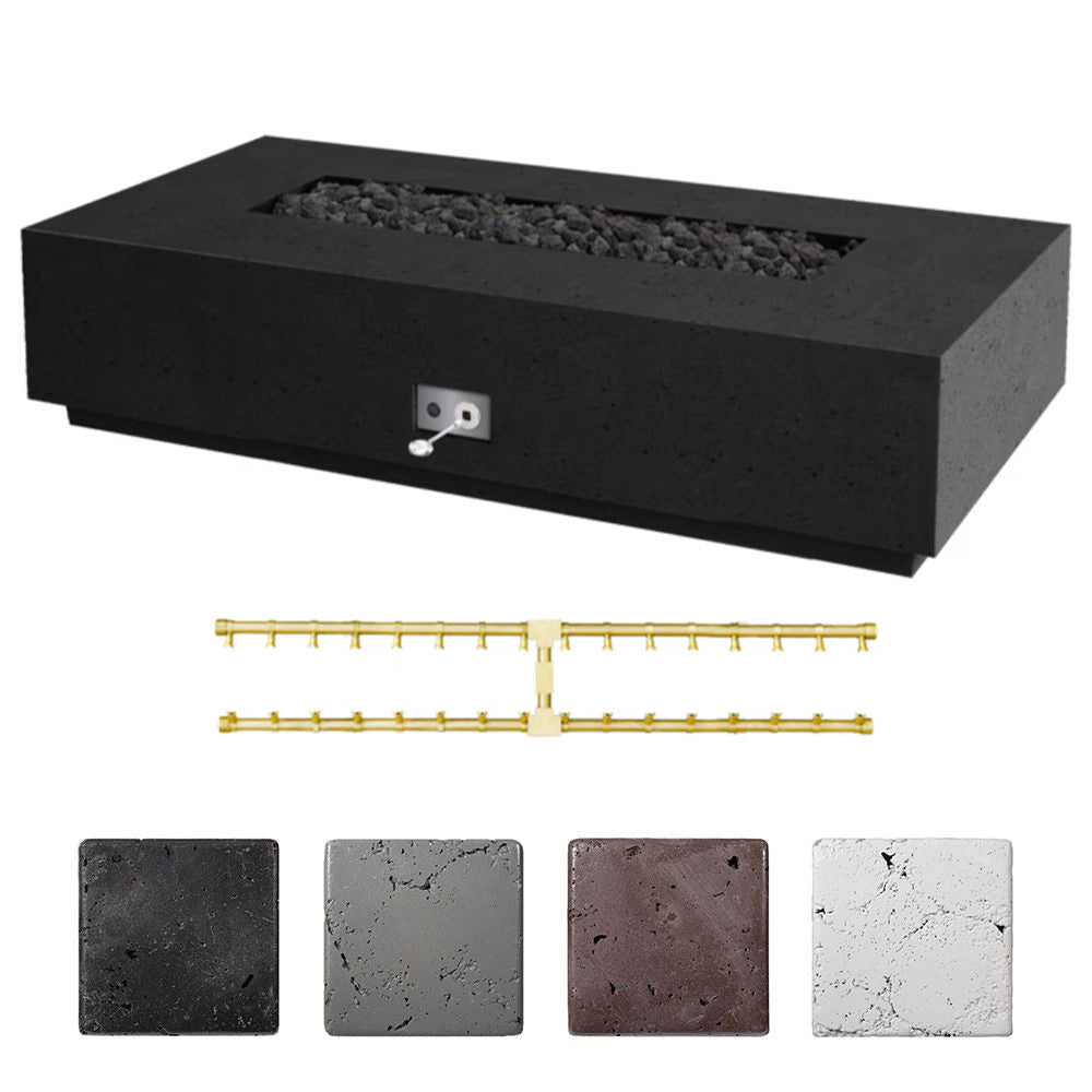 Concrete gas fire table in dark charcoal with open burner tray and front control panel