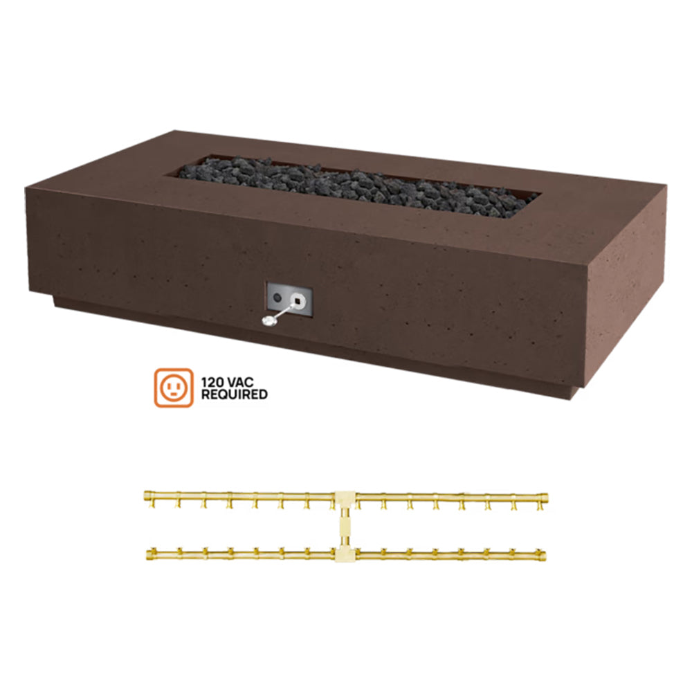 Chocolate concrete gas fire table with control panel, lava rocks, brass burner kit