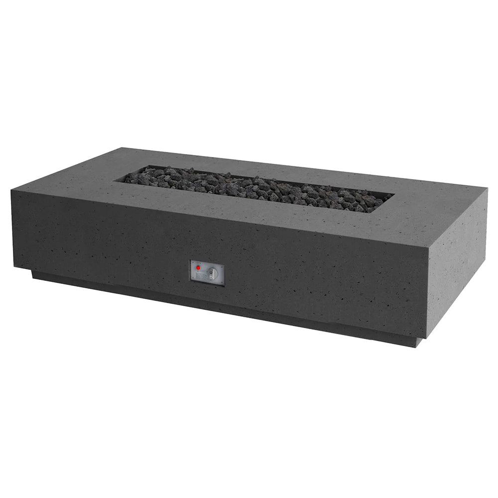 Dark gray gas fire table with rectangular burner tray and control panel