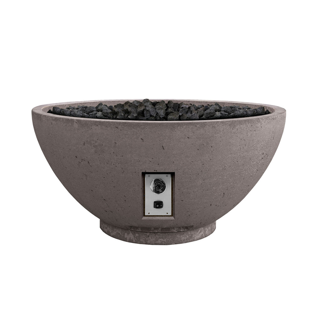 30-inch gas fire bowl with control panel and lava rocks, dark gray concrete finish