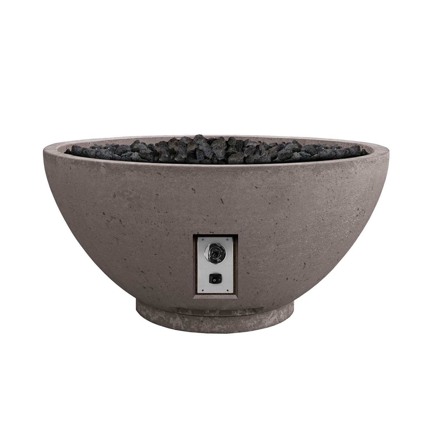 30-inch gas fire bowl with control panel and lava rocks, dark gray concrete finish