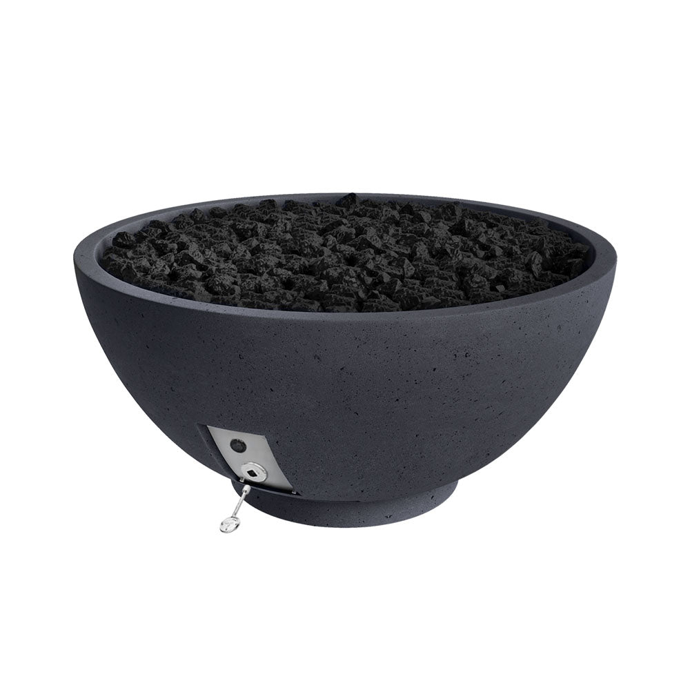Dark gas fire bowl with black lava rocks and side ignition device