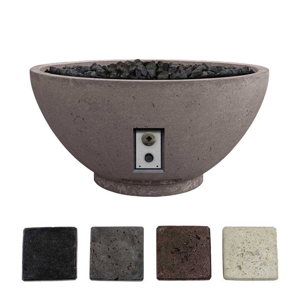 Gas fire bowl in slate gray concrete with control panel and dark lava rocks, swatch tiles