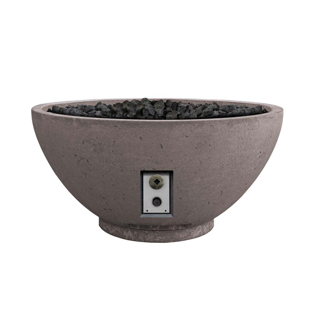 30-inch gas fire bowl with control panel and lava rocks, dark gray concrete finish
