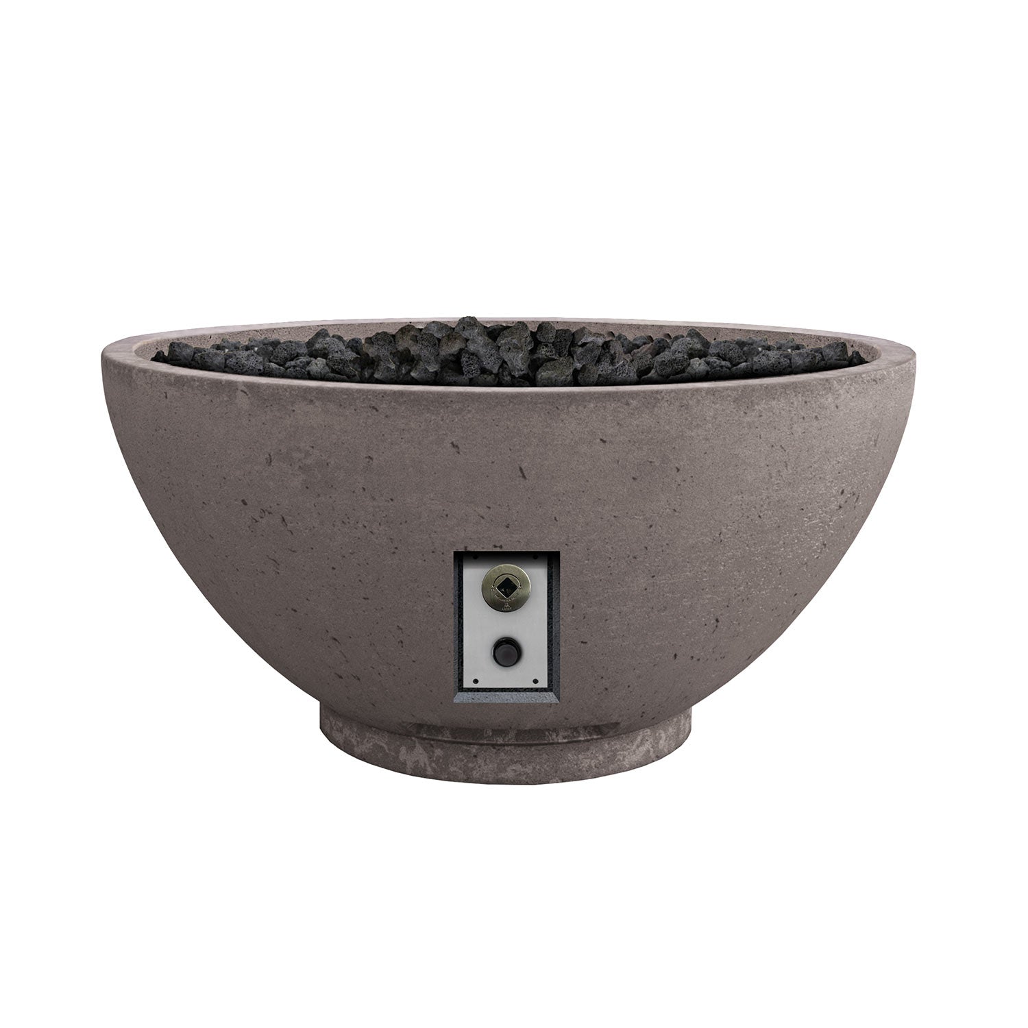 30-inch gas fire bowl with control panel and lava rocks, dark gray concrete finish