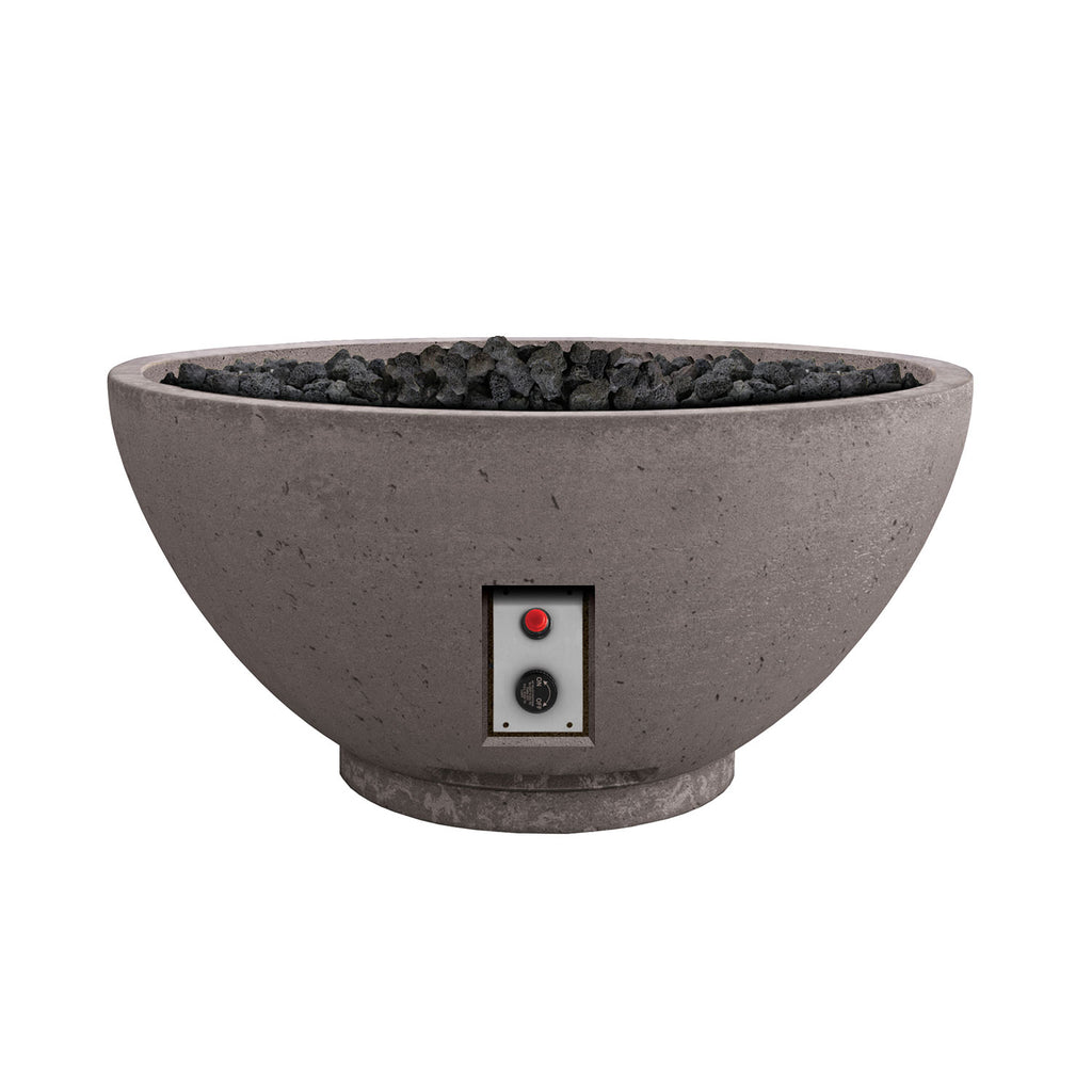 Light gray gas fire bowl with lava rocks and front panel with red indicator light