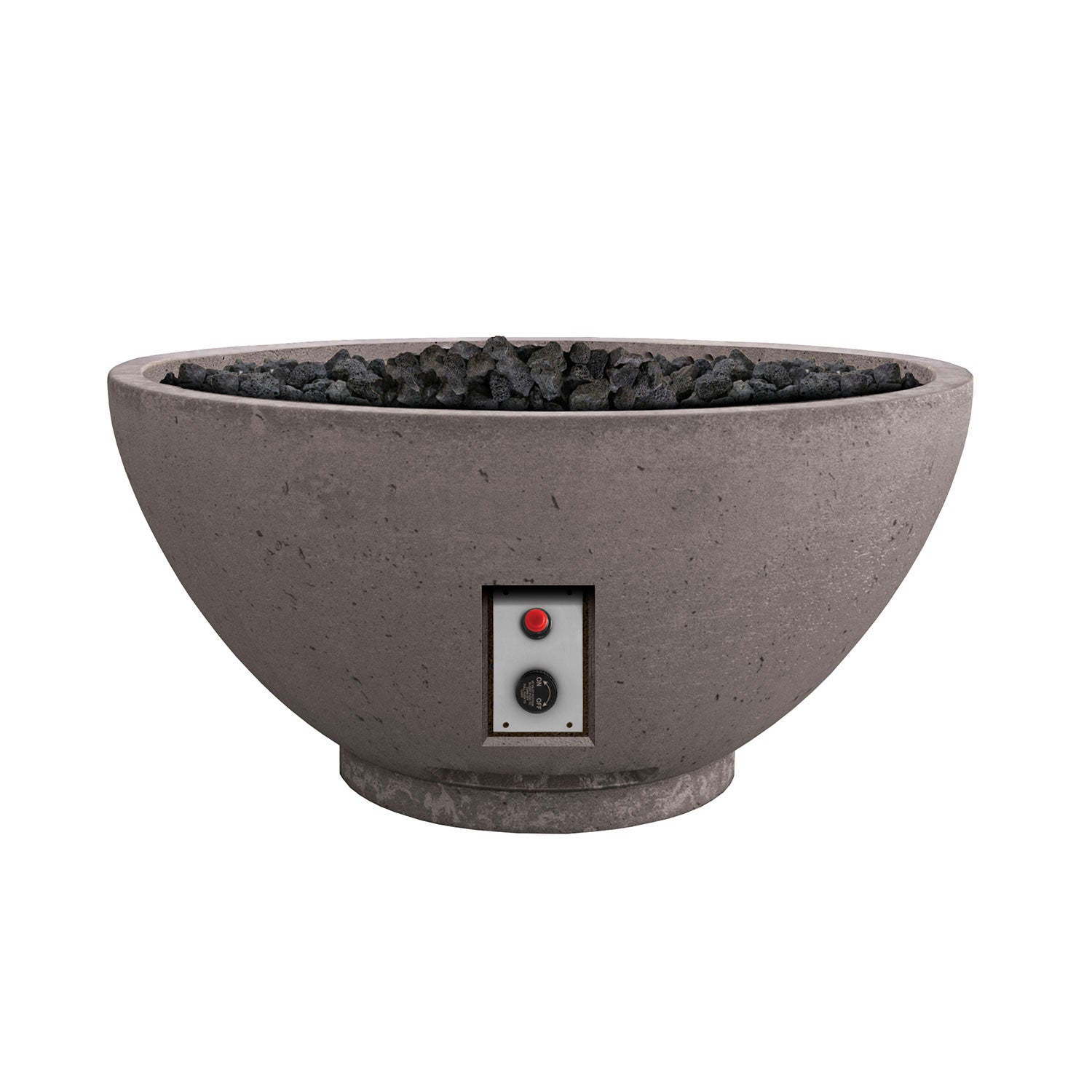 Light gray gas fire bowl with lava rocks and front panel with red indicator light