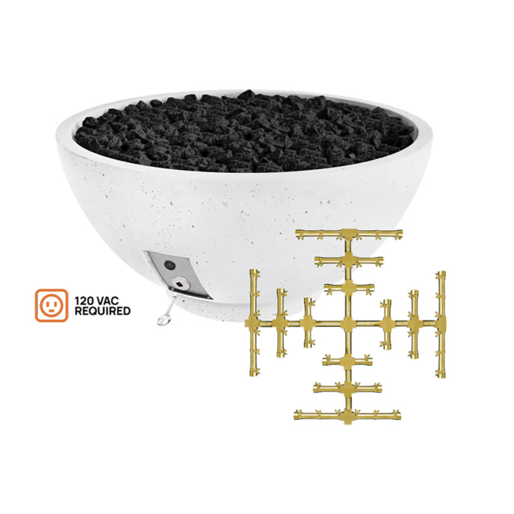 White concrete gas fire bowl with burner/valve components and dark rock bed