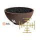 Brown concrete gas fire bowl with burner/valve components and dark rock bed