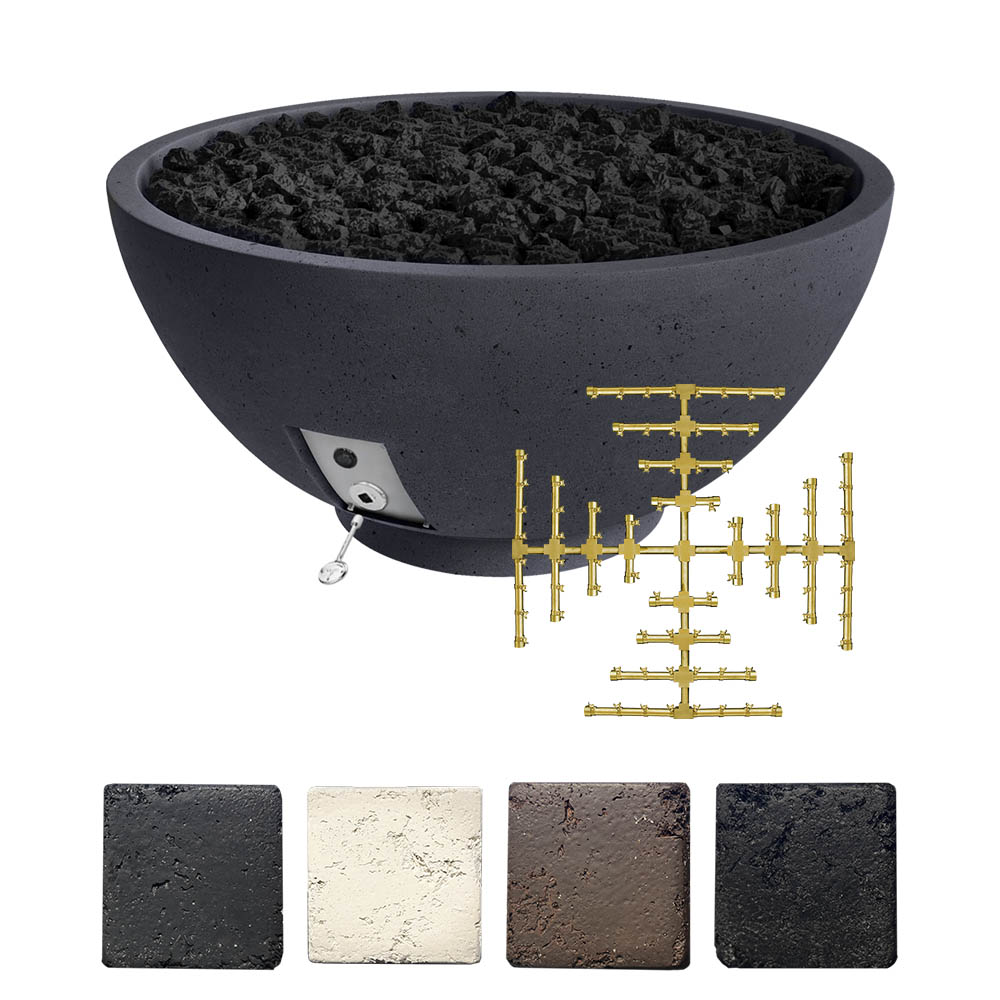 Concrete gas fire bowl with lava rocks, dark finish, and gold burner/valve parts