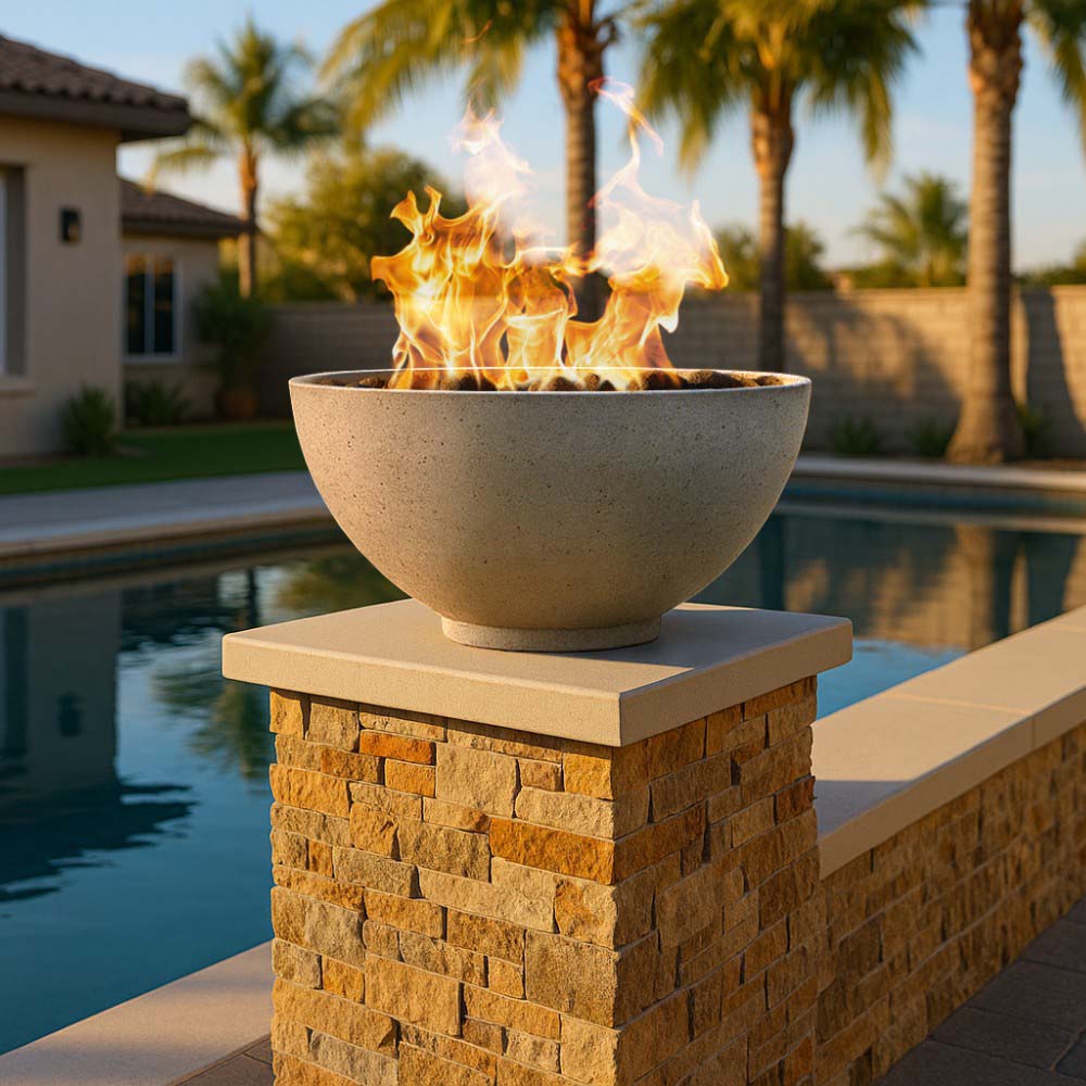Concrete gas fire bowl with flames on a stone pedestal