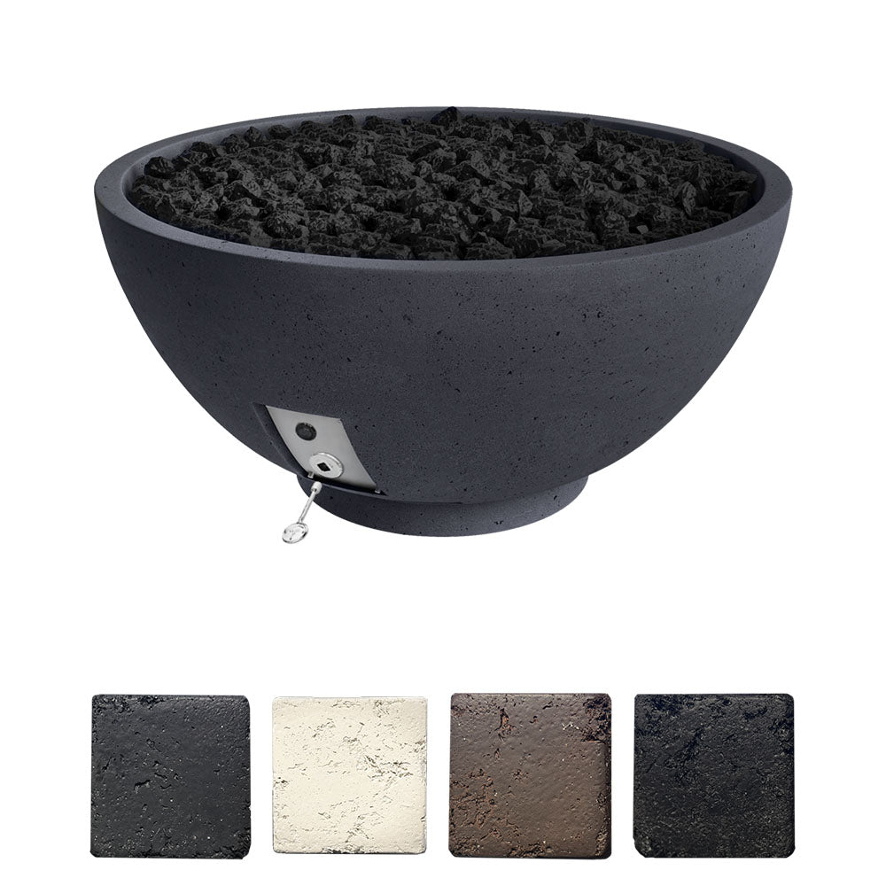 Gas fire bowl with dark slate finish and burner compartment, round open top