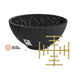 Concrete gas fire bowl in dark with lava rocks and brass burner valve set