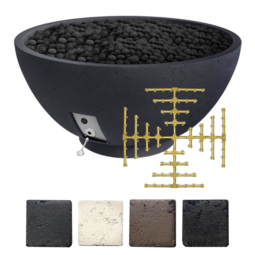 Concrete gas fire bowl with black lava stones and gold burner parts