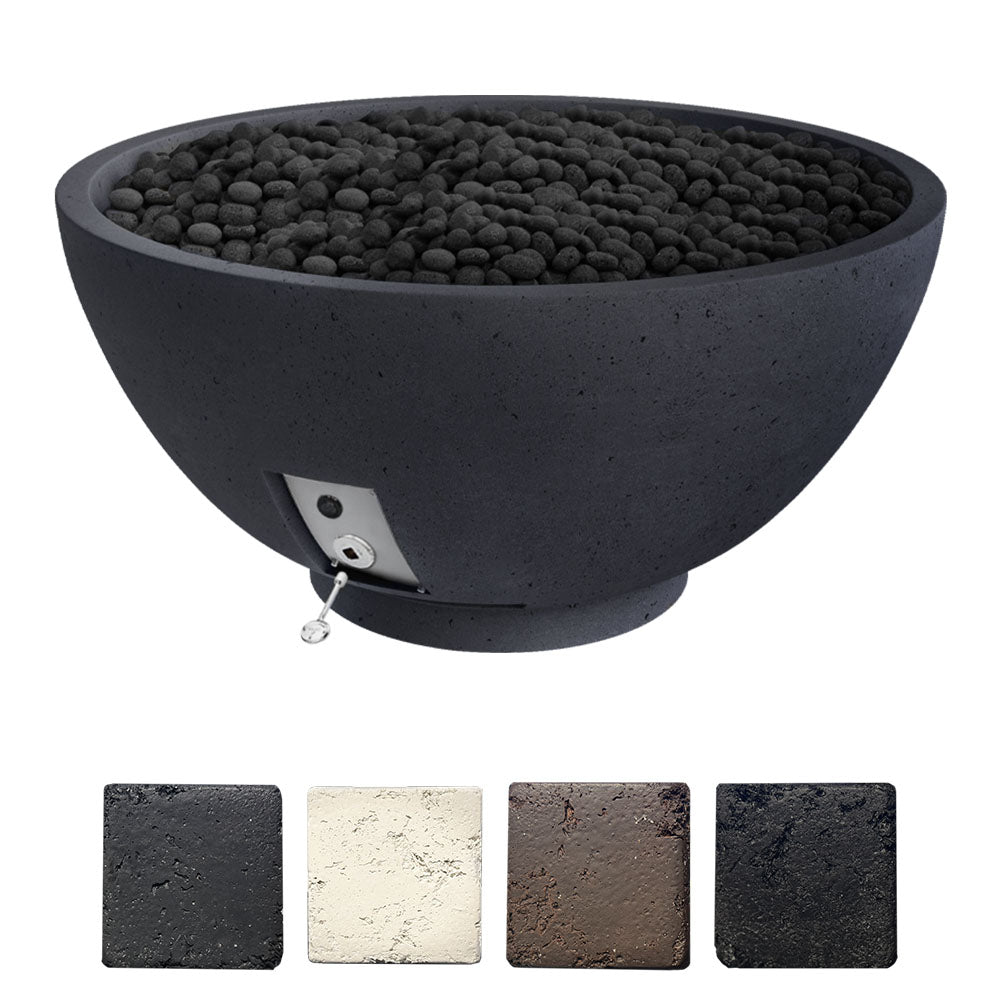 Gas fire bowl with pebble burner stones, plus four finish color swatches