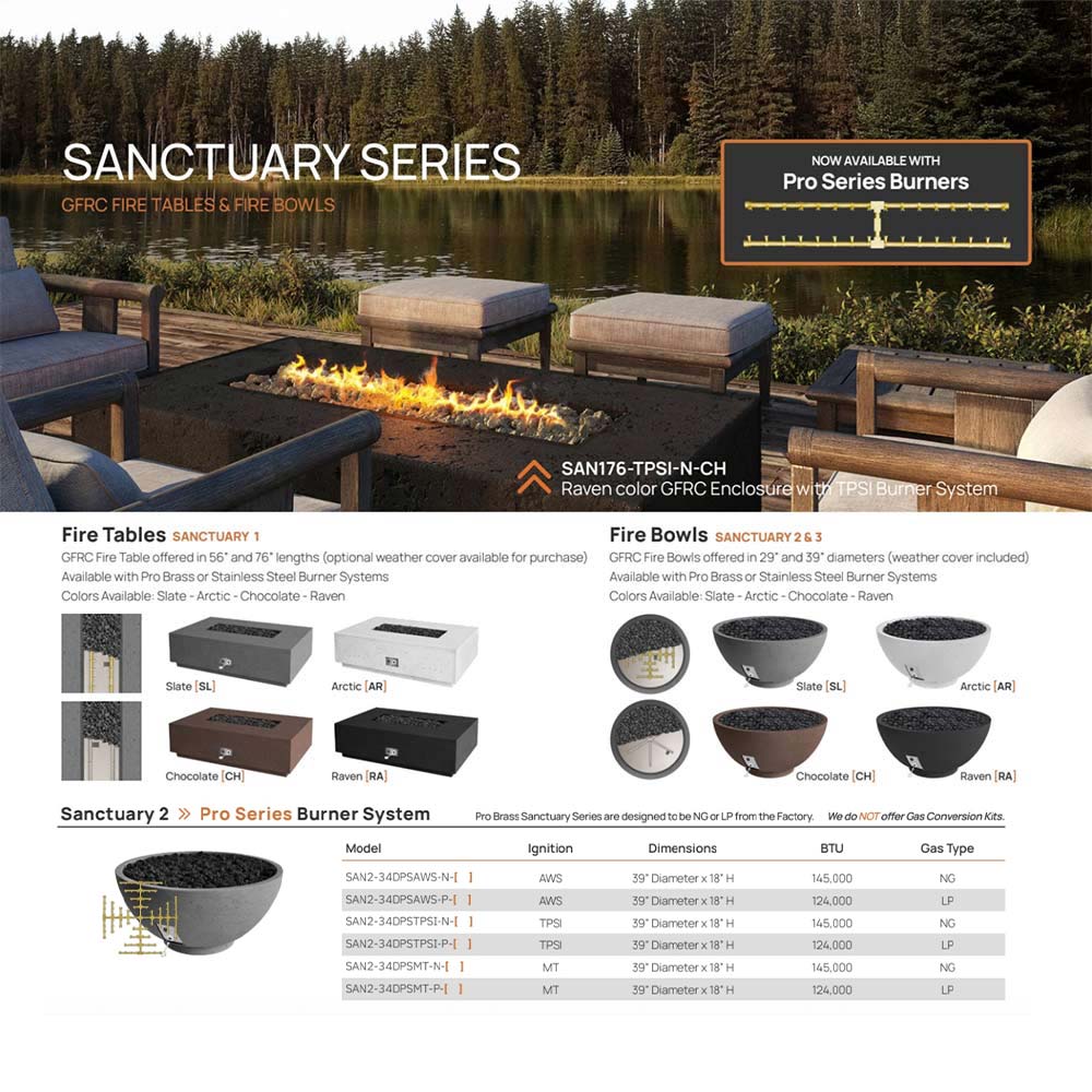 Sanctuary series gas fire bowl catalog graphic showing burner system and models