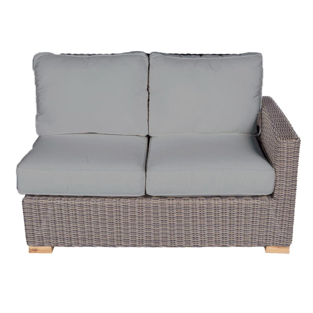 Outdoor loveseat with light gray cushions and gray woven wicker base, front view