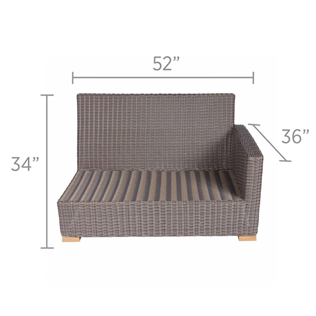 Side view of gray woven outdoor loveseat: 52"W x 36"D x 34"H