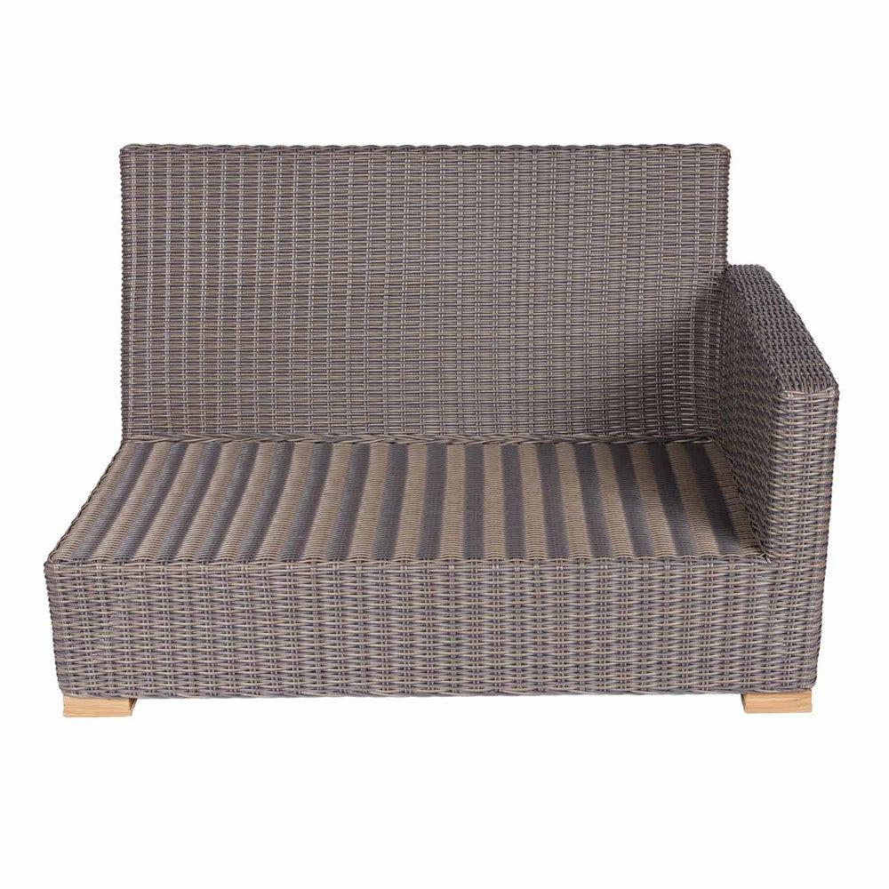 Outdoor loveseat side view with dark gray woven wicker and striped seat cushion