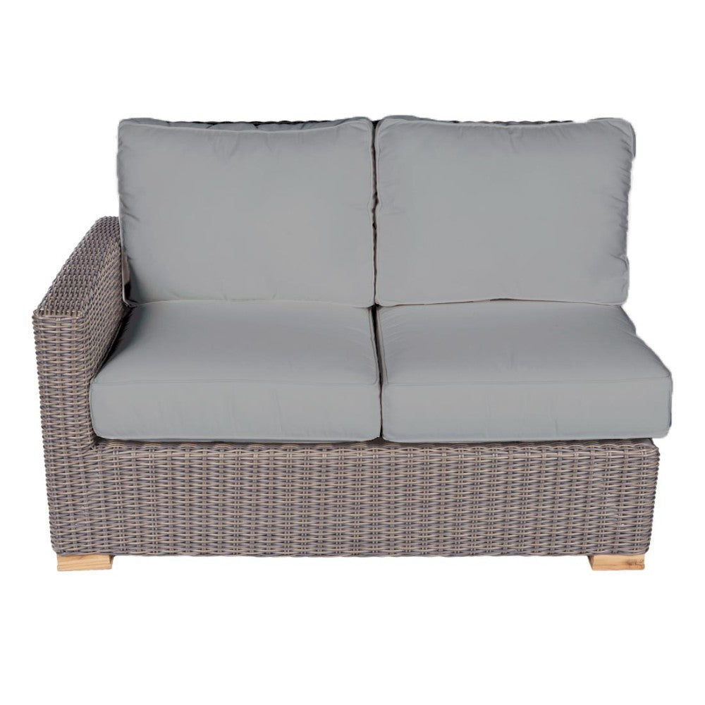 Outdoor wicker loveseat with light gray seat cushions and right arm-facing profile