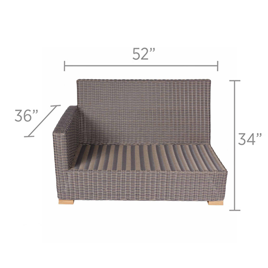 Outdoor wicker right arm-facing loveseat with striped seat cushion and size markers