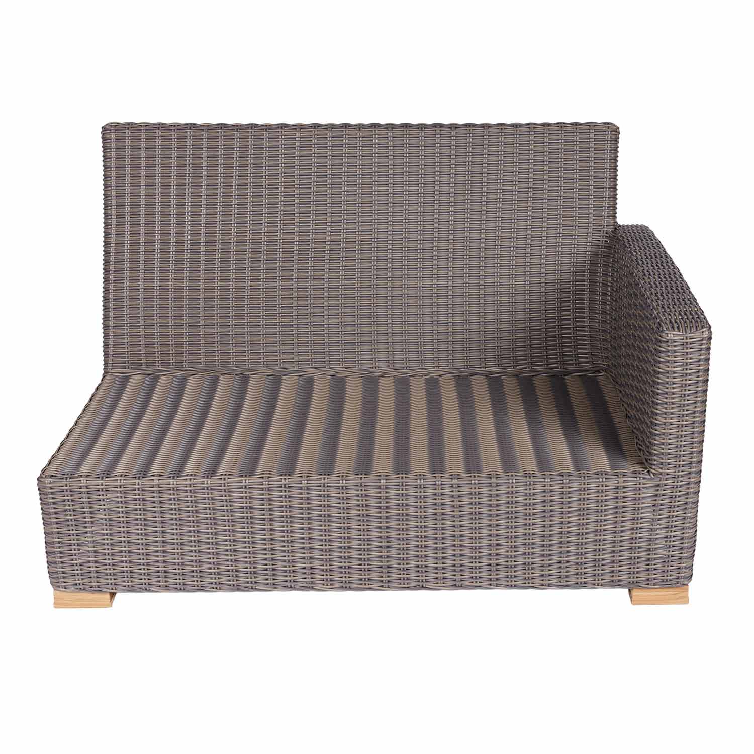 Dark gray woven wicker loveseat frame with curved left arm and padded seat