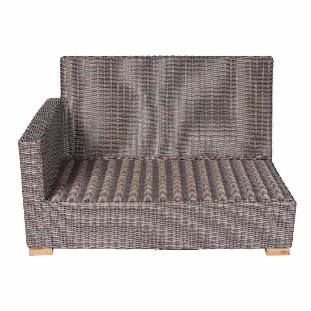Outdoor wicker right arm-facing loveseat with open seat and striped cushion lining