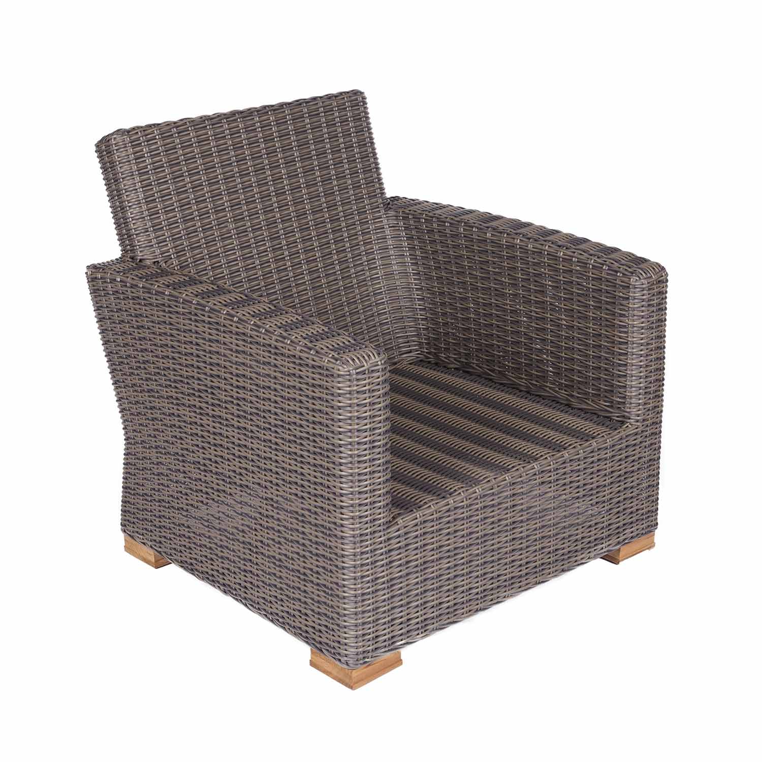 Dark wicker club chair frame with wide arms and open weave backrest