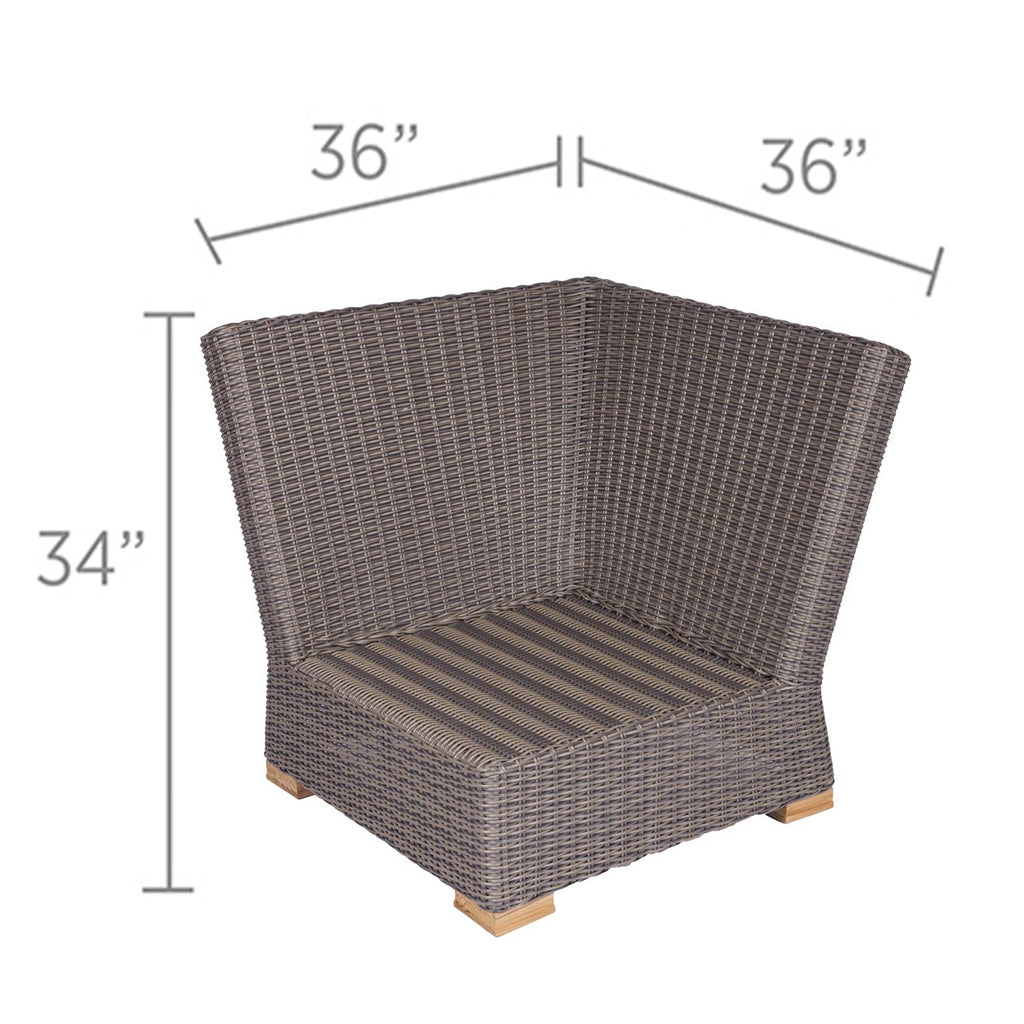 Corner chair with dark wicker frame, striped seat cushion; 36 in x 34 in