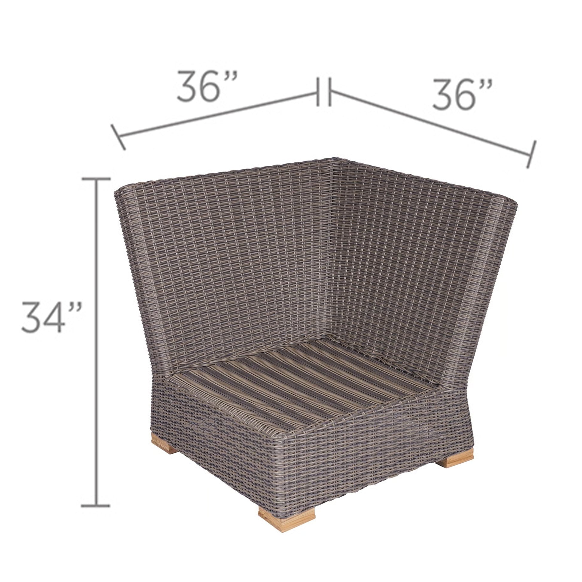 Corner chair with dark wicker frame, striped seat cushion; 36 in x 34 in