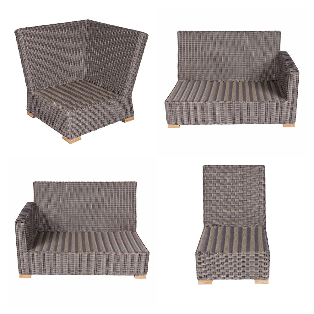Outdoor sectional set pieces with gray cushions on woven dark frames and light wood feet