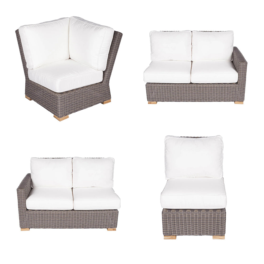 Outdoor sectional set chair and loveseat with white cushions and woven dark frames