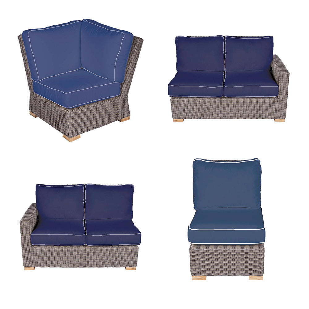 Outdoor sectional set chair and loveseat with navy cushions and woven dark frames
