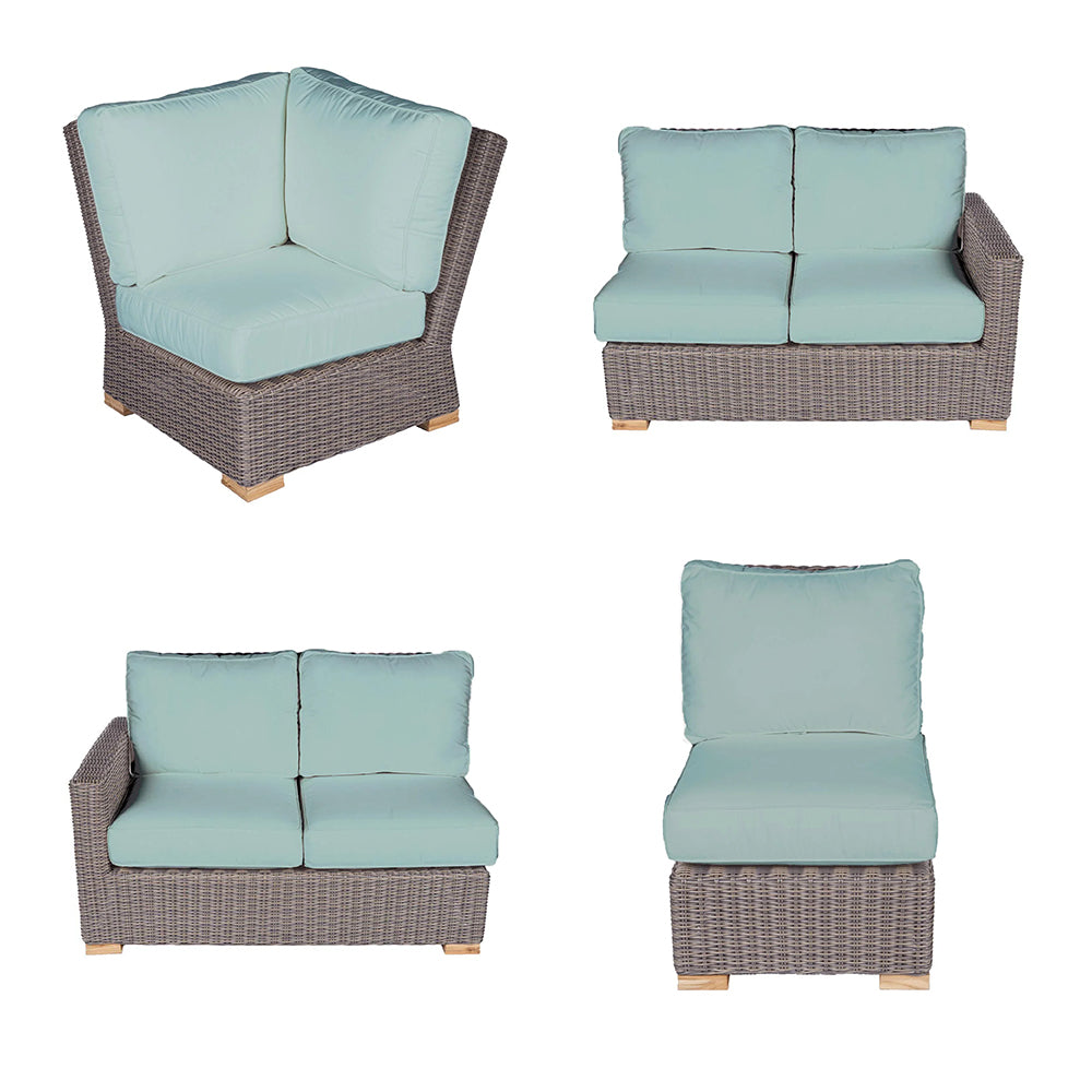 Outdoor sectional set chair and loveseat with light teal cushions and woven dark frames