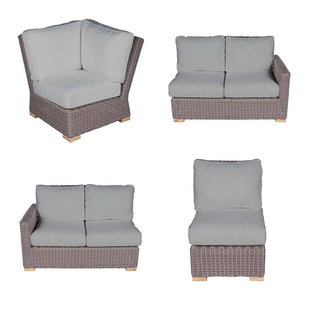 Outdoor sectional set chair and loveseat with light gray cushions and woven dark frame