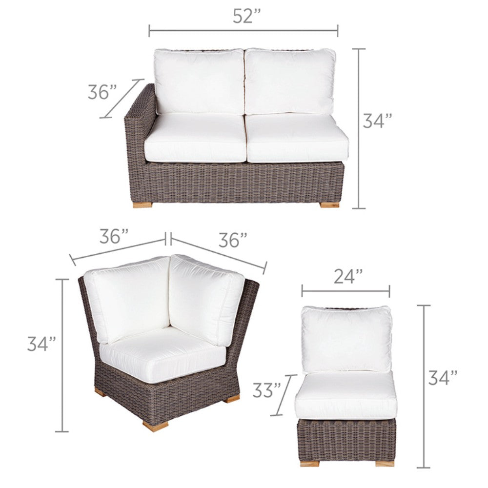 Outdoor sectional set dimensions diagram: white cushions on woven dark frames, multiple pieces