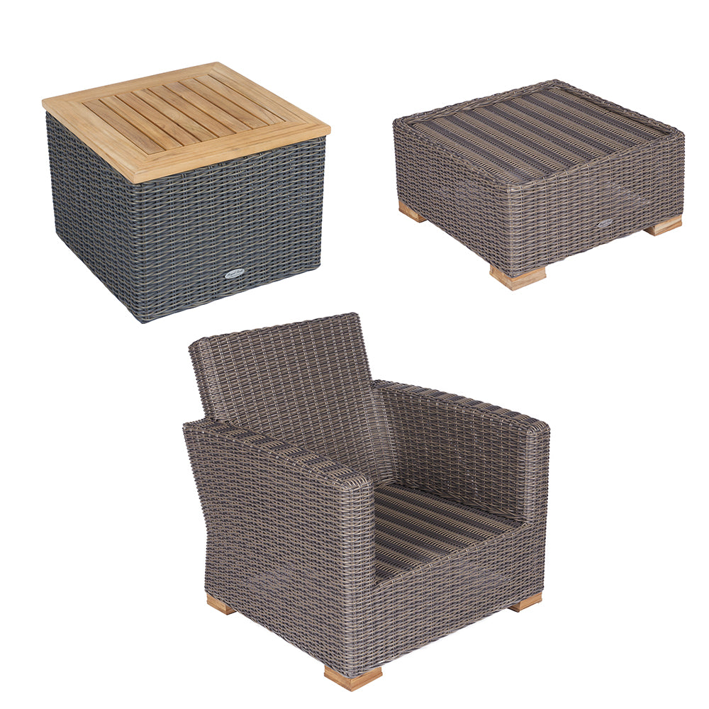 Woven outdoor seating set with dark gray cushions, wood-topped table, and ottoman