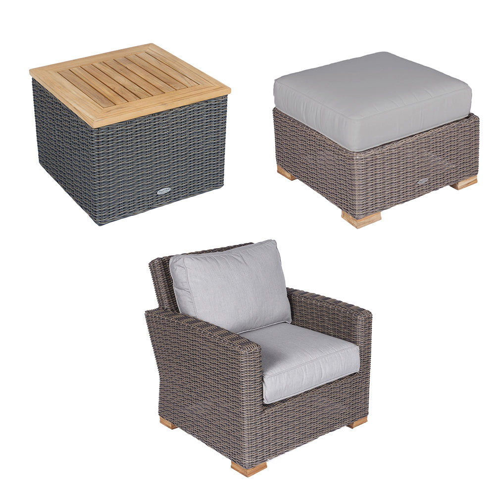 Woven outdoor armchair and ottoman with light gray cushions and wood table top