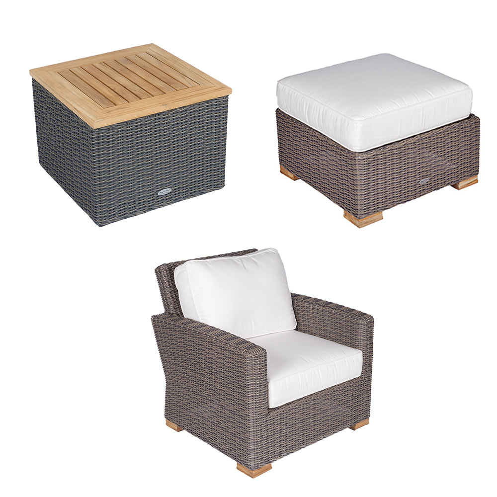 Woven outdoor armchair and ottoman with white cushions and wood table top