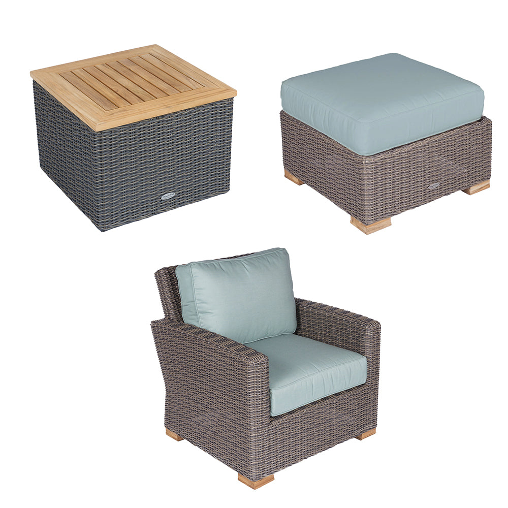 Woven outdoor armchair and ottoman with light blue cushions and matching wood table top