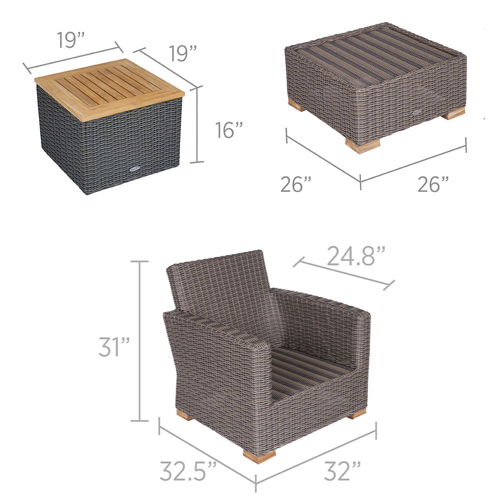 Woven outdoor armchair and ottoman size diagram with wood top and measurements