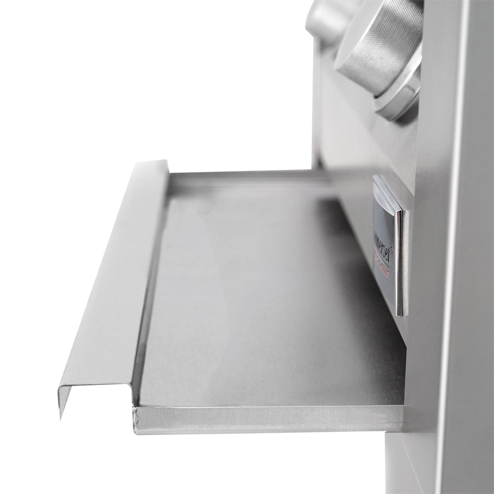 Gas grill side shelf and prep surface, stainless steel with fold-out section
