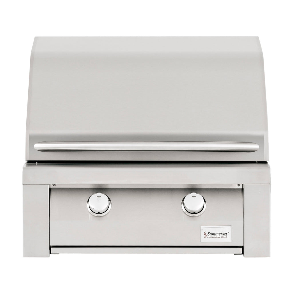 Built-in gas grill with stainless body, side controls, and two round burner knobs