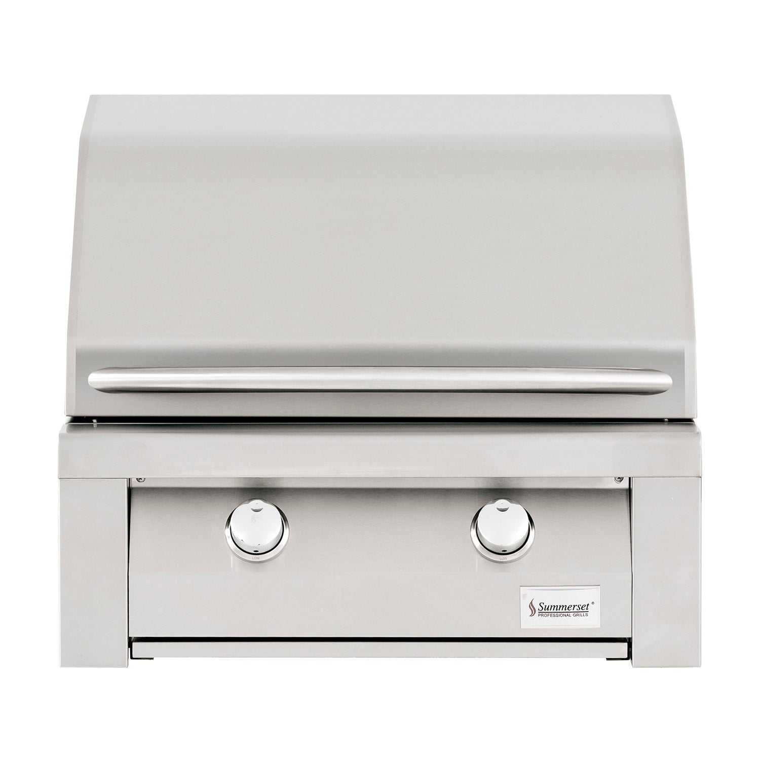 Built-in gas grill with stainless body, side controls, and two round burner knobs